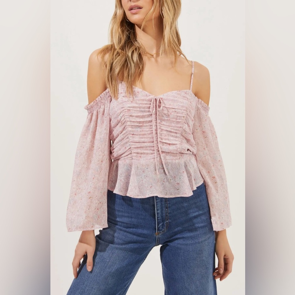 Astr Embroidered Pink Cold-Shoulder Peplum Top